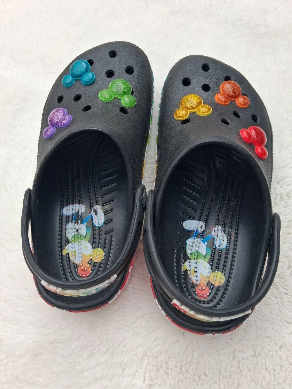Kids Black Crocs Shoes with Rainbow Mickey Accents Size 3- Big Kid Unisex